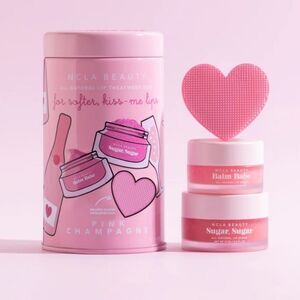 NCLA Beauty Pink Champagne Lip Treatment Trio Set Sugar Scrub Balm Scrubber New